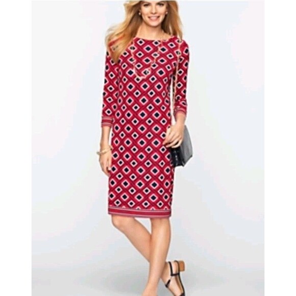 Talbots Red/Black Diamond Print 3/4 Sleeve Shift Dress Sz 3XP Jersey Knit Career - Picture 1 of 7